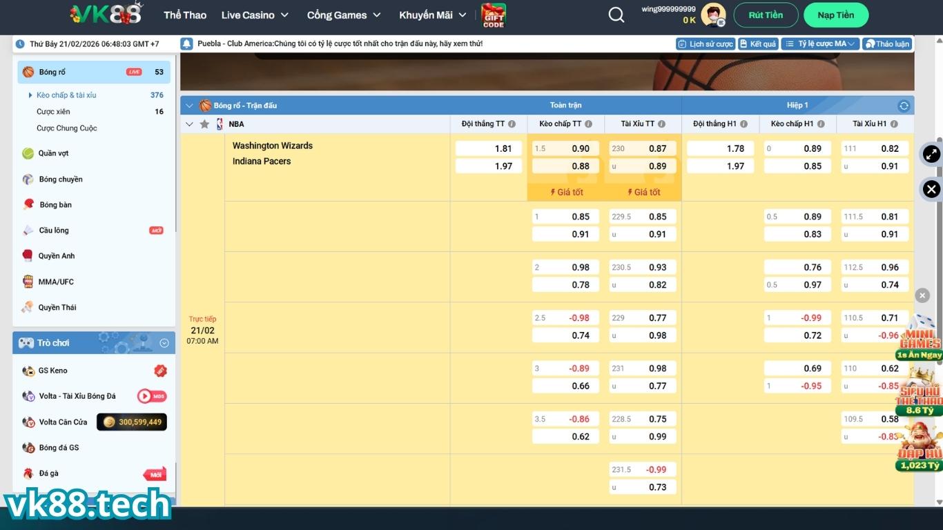 Bóng rổ VK88 có tỷ lệ kèo ngon