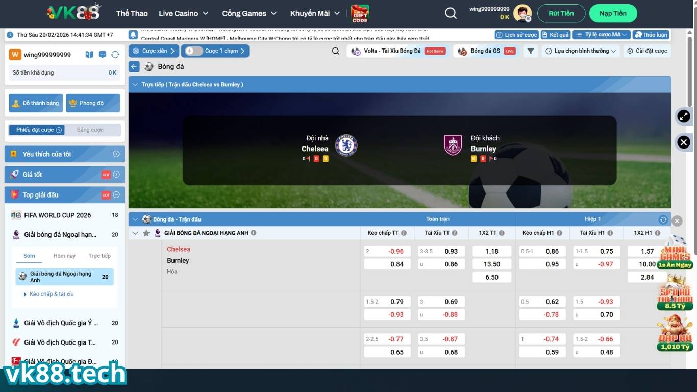 Cá cược bóng đá tại sảnh thể thao VK88
