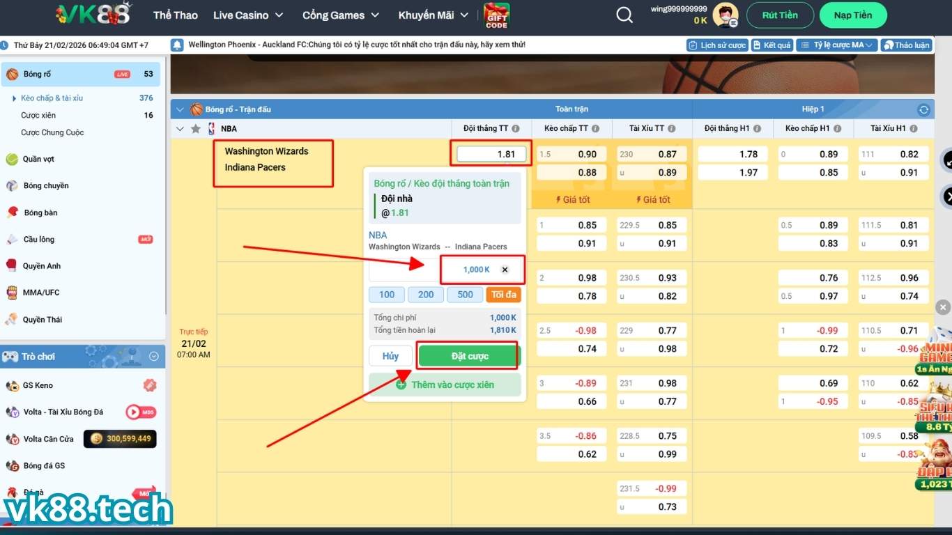 Các bước đặt cược bóng rổ VK88