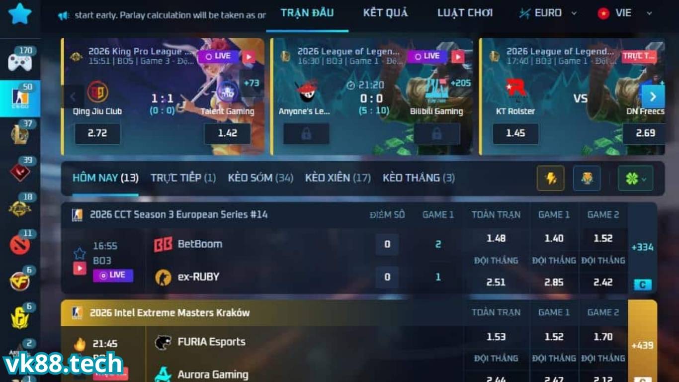 Các thể loại cược Esport VK88 2026