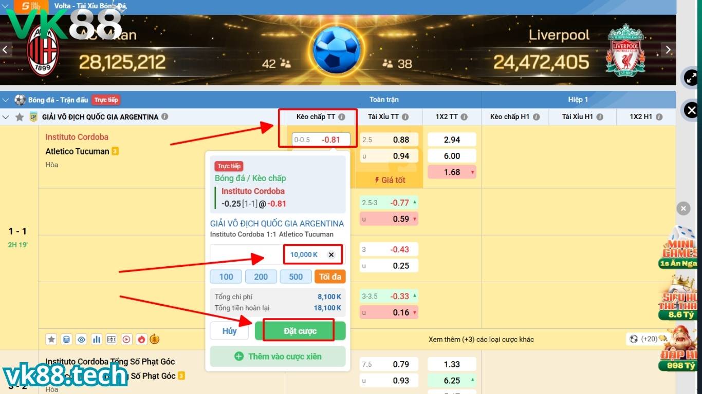 Cách cược kèo chấp tại nhà cái VK88