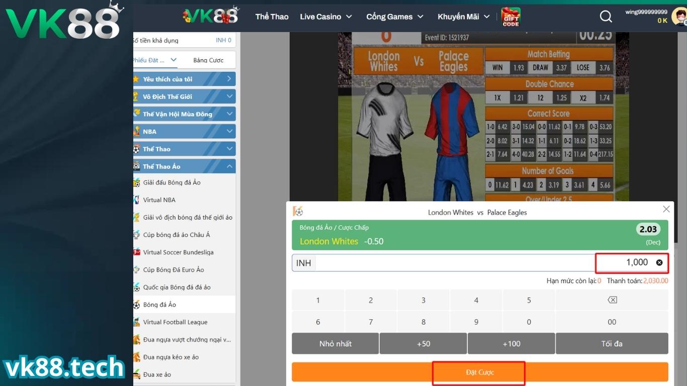 Cách đặt cược thể thao ảo VK88