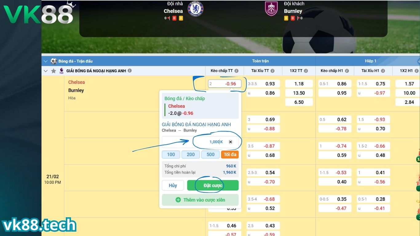 Hướng dẫn đặt cược tại sảnh thể thao VK88