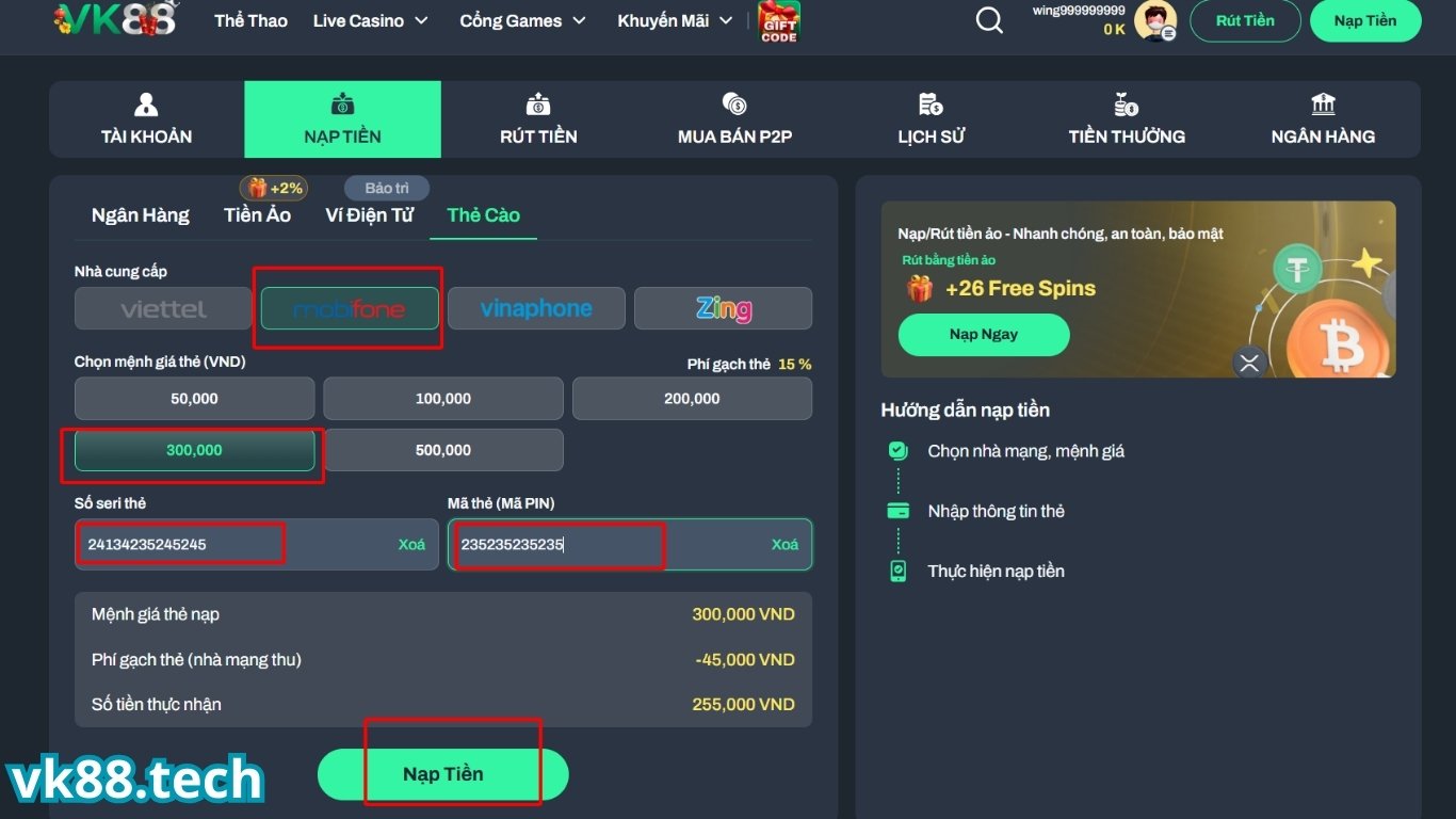 Hướng dẫn nạp tiền VK88 chi tiết