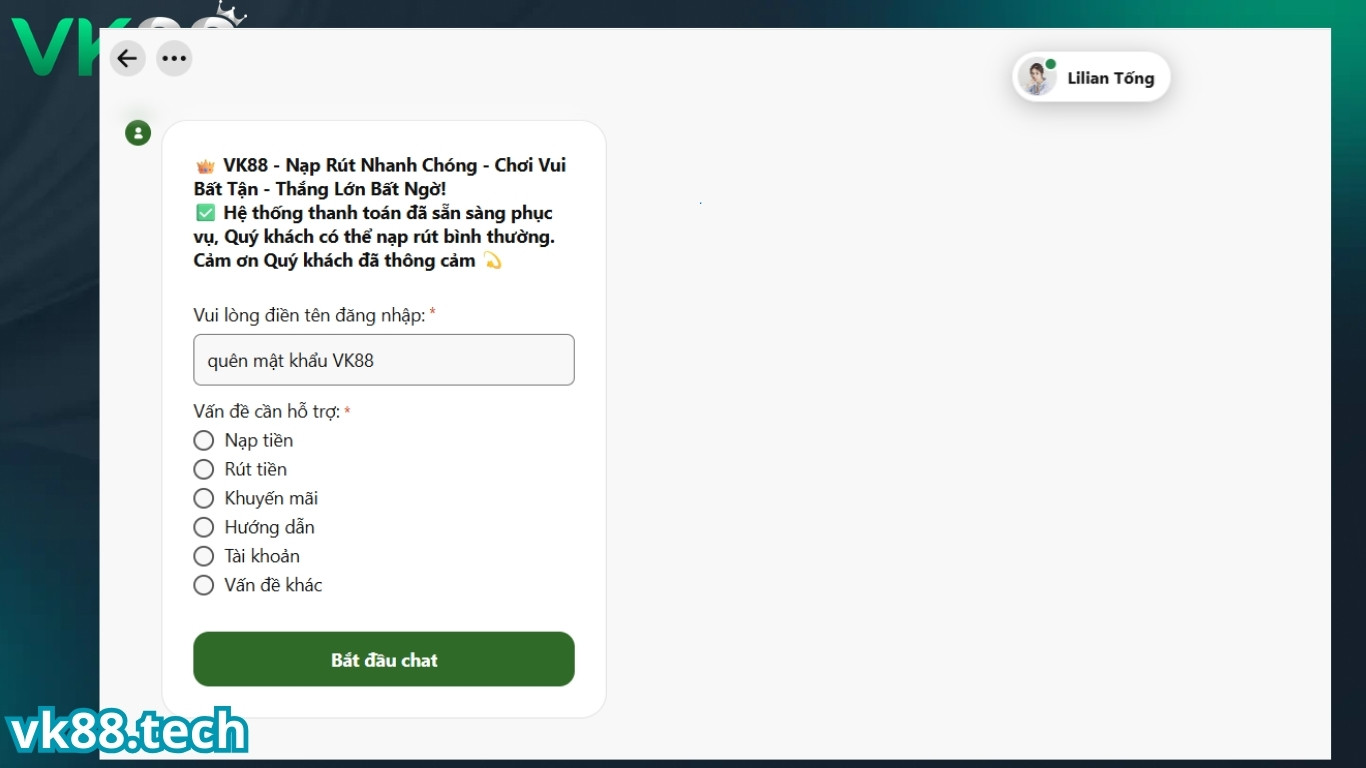 Liên hệ cskh khi quên mật khẩu VK88
