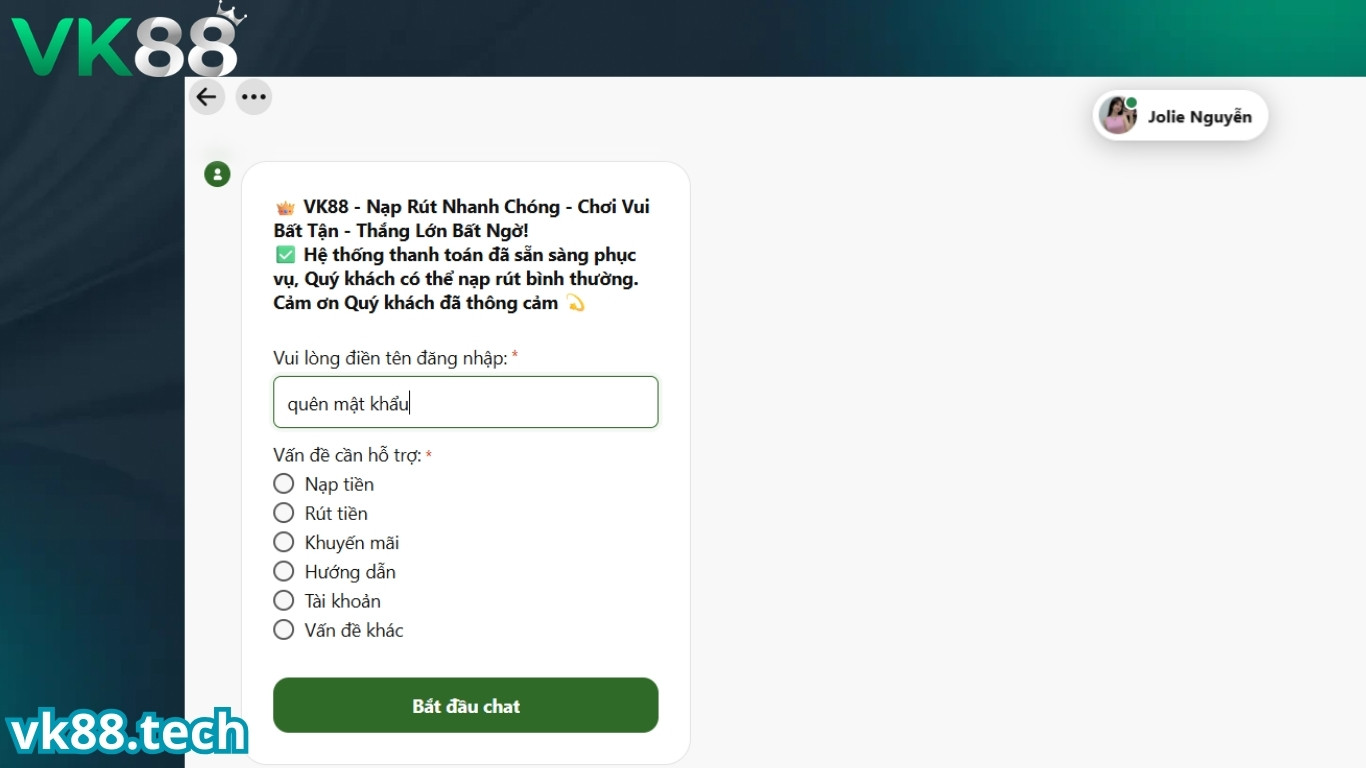 Liên hệ VK88 qua live chat
