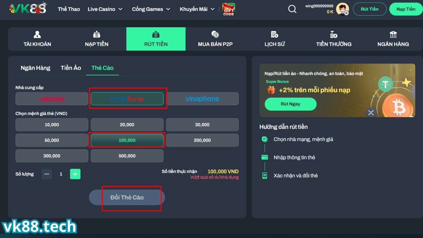 Rút tiền VK88 bằng thẻ cào điện thoại